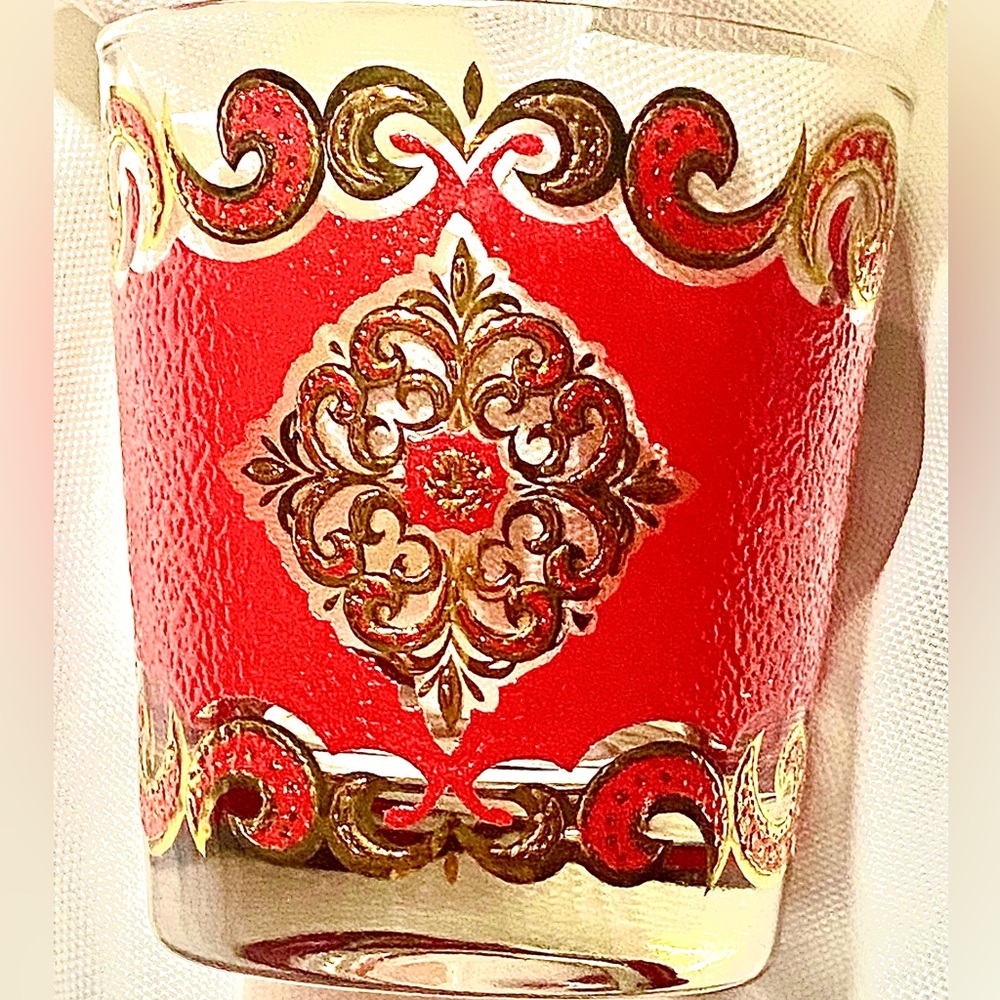 Mid-Century Culver Starlight Glasses Red & 22k Gold 3 Tumblers& 2 1oz Shot Glass